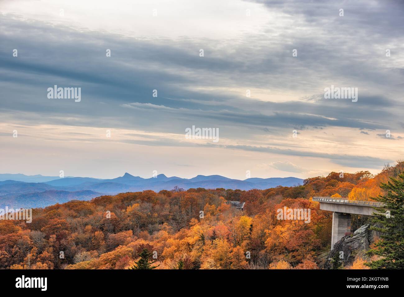 Views of the Linn Cove Viaduct under cloudy skies on the Blue Ridge Parkway in North Carolina Stock Photo