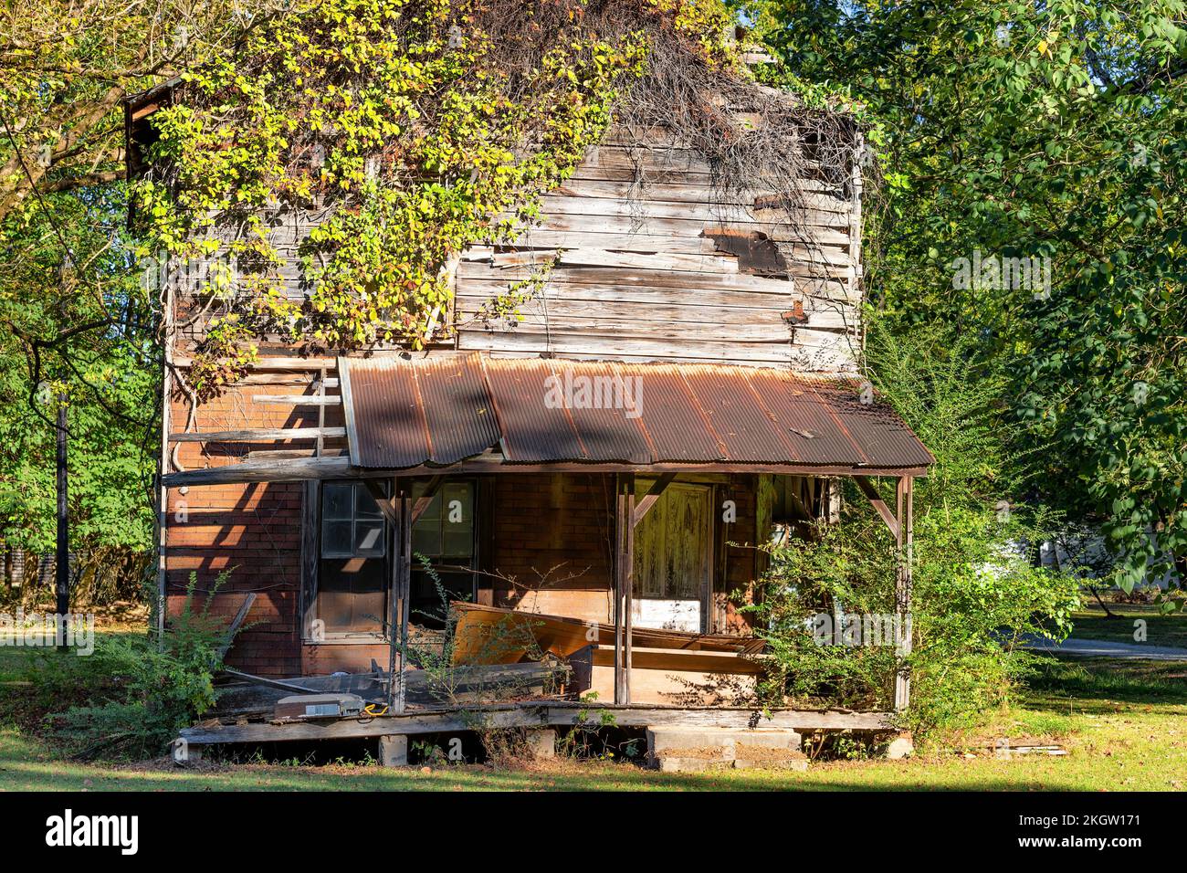 Abandoned decaying building seen from the highway in rural Arkansas
