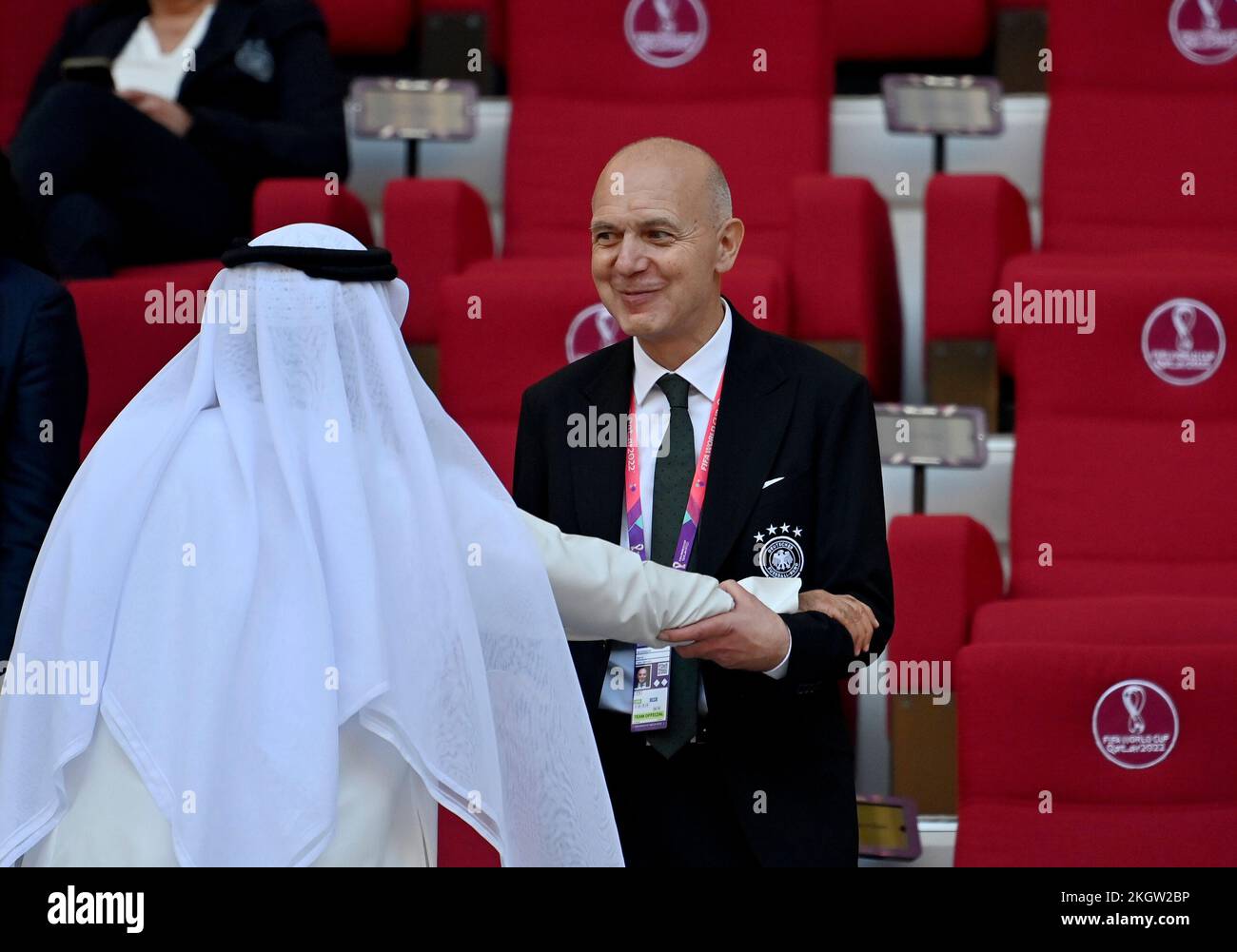 Doha, Qatar, November 23rd, 2022, Bernd NEUENDORF (DFB President) welcomes a Katari, Germany (GER) - Japan (JPN) Group stage Group E on November 23rd, 2022, Khalifa International Stadium. Soccer World Cup 2022 in Qatar from 20.11. - 18.12.2022 Stock Photo