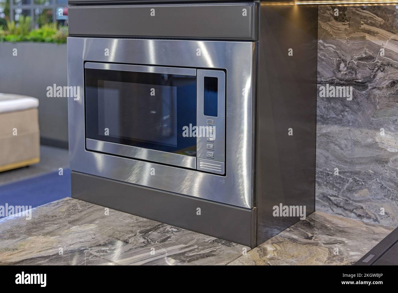 Built in Microwave Grill Combo Oven Marble Kitchen Counter Stock Photo