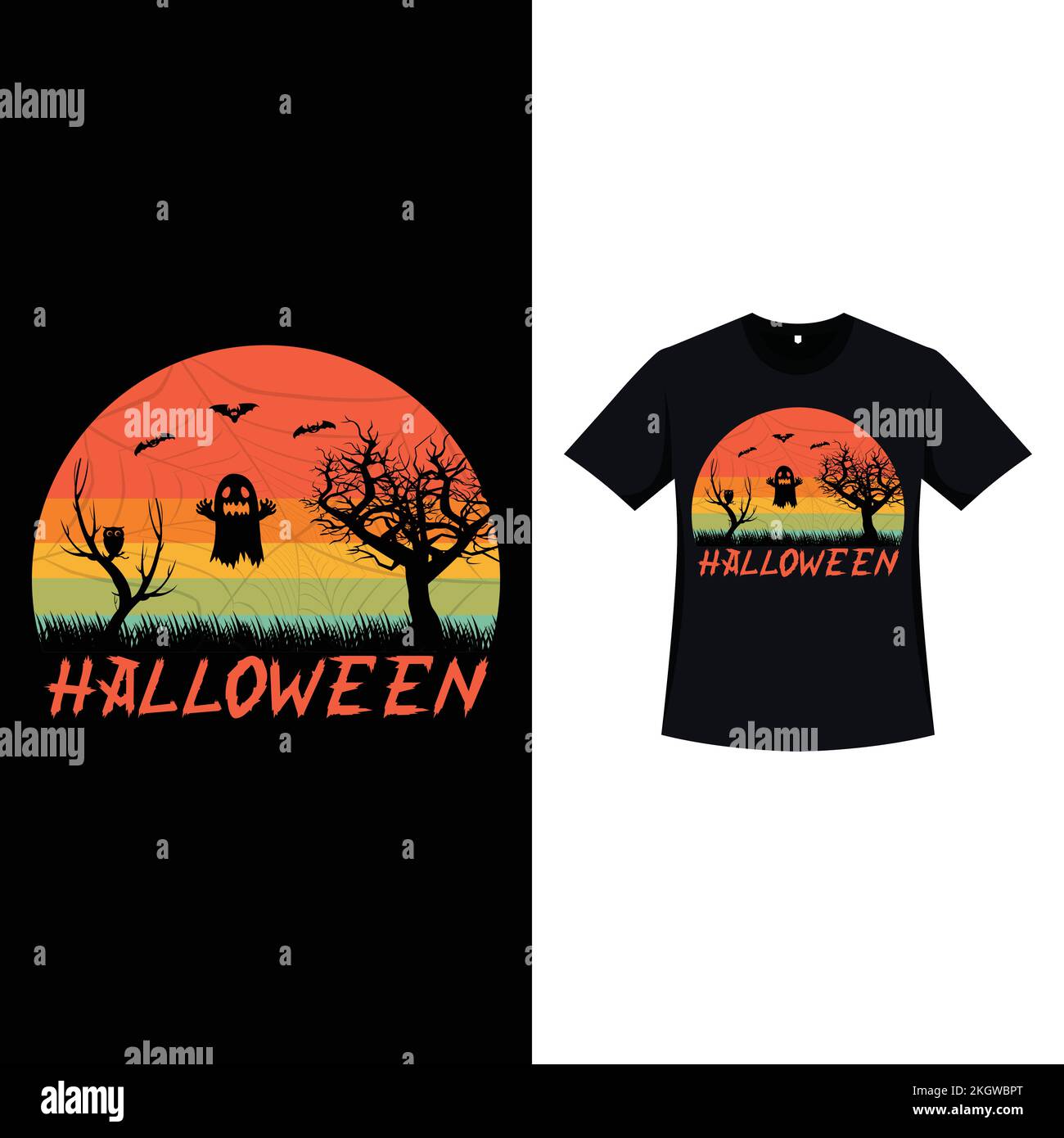 Halloween retro color T-shirt design with a scary ghost and dead trees. Halloween scary T-shirt design with vintage color and a scary owl. Scary fashi Stock Vector