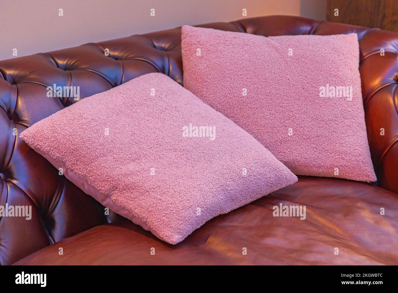 Pink Terry Cloth Pillows at Leather Sofa Contrast Stock Photo