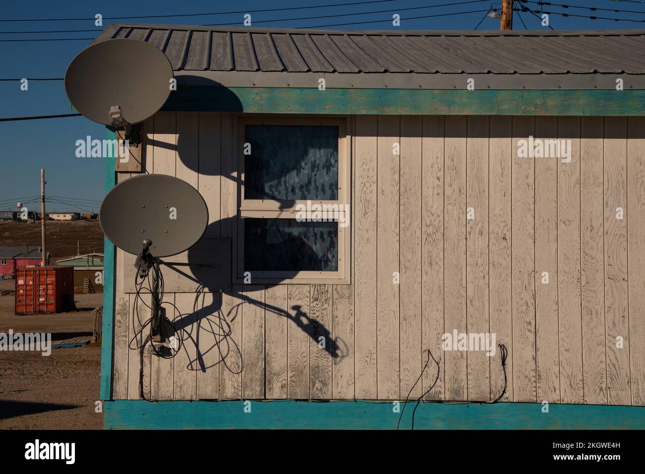 Typical housing with satellite TV dishes, Gjoa Haven, Nunavut, Canada