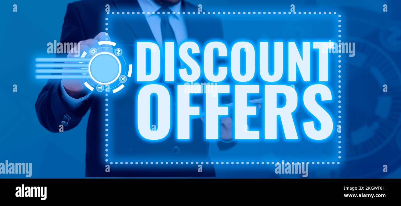 Text caption presenting Discount Offers. Business overview amount or