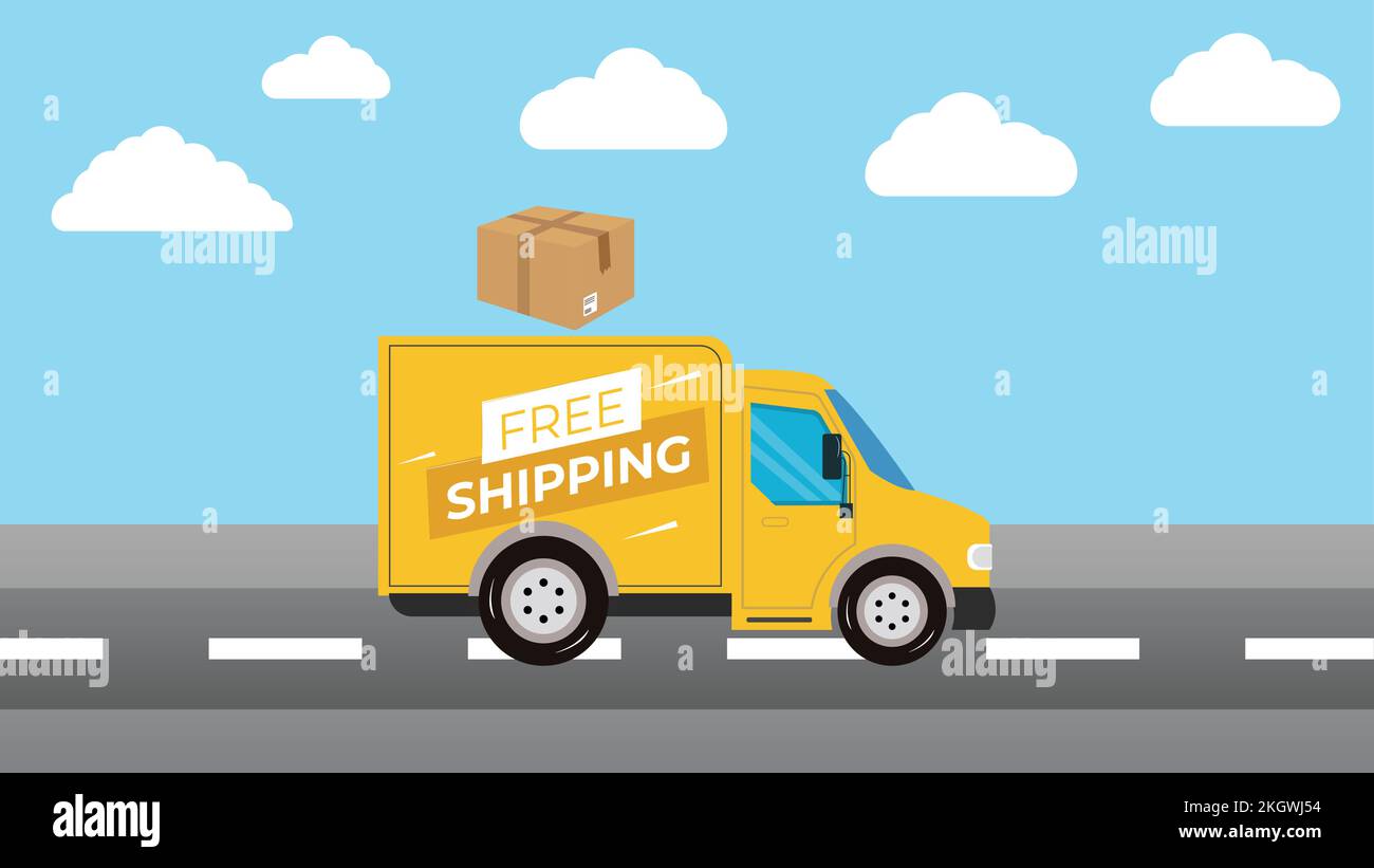 Free shipping service vector illustration. Cartoon running yellow delivery truck design. Free delivery services concept design. Delivery truck and box Stock Vector