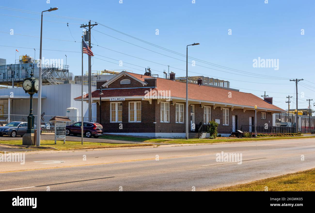 Stilwell, Oklahoma, USA - September 29, 2022: The railroad depo a part of the Kansas City Southern Railway.  The town of Stilwell was named abter  Art Stock Photo