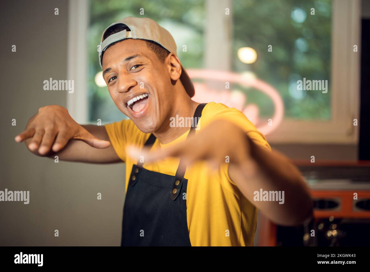 Merry barista having fun in the workplace stock photo alamy