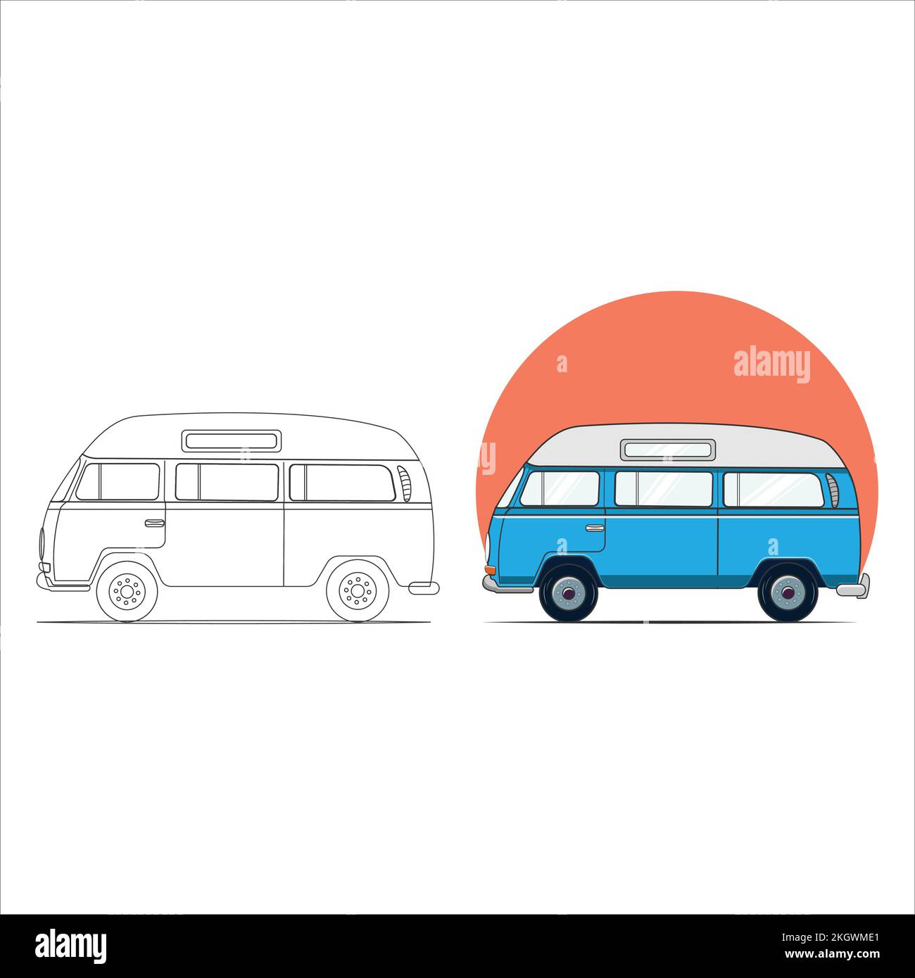 Bus, car color book page design for kids. Minibus, car running design on a white background. Kids color book page design with a minibus, car drawing b Stock Vector