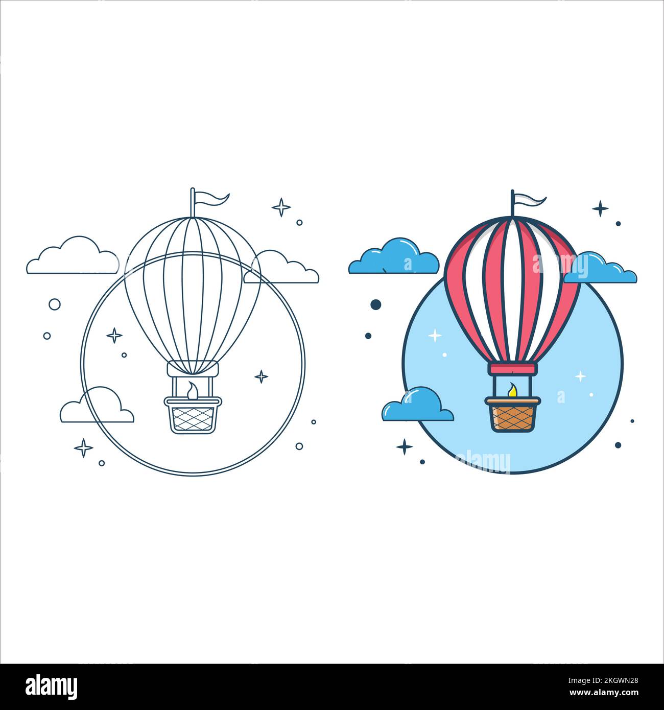 Hot air balloon color book page design for kids. Hot air balloon flying design on a white background. Kids color book page design with a hot air ballo Stock Vector