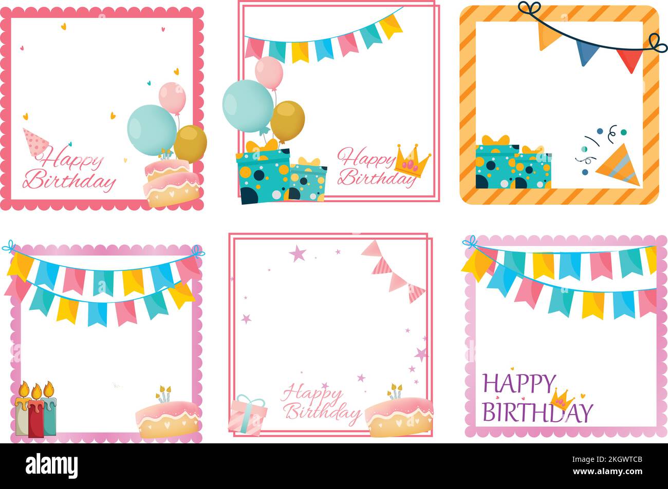 Happy birthday photo frame design with gifts, balloons, and other party
