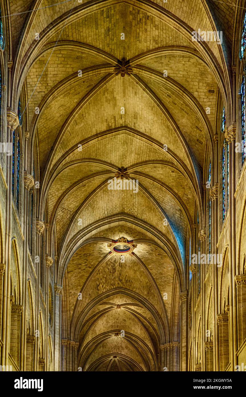 The ceiling of Notre Dame Cathedral interior in Paris, France, with pillars and support structure, architecture. Stock Photo
