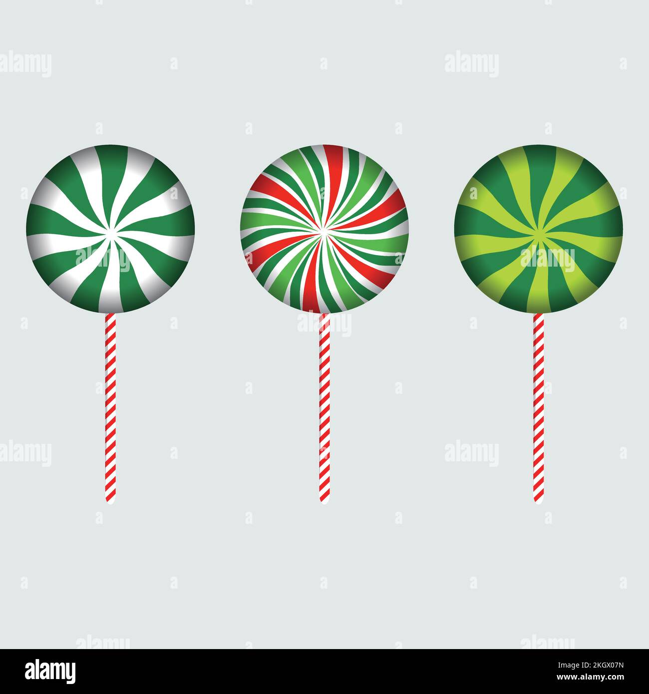 Christmas round candy with red, off-white, pink, and lime color strips. Round candy design on an ash background. Set of three Christmas candies. Chris Stock Vector