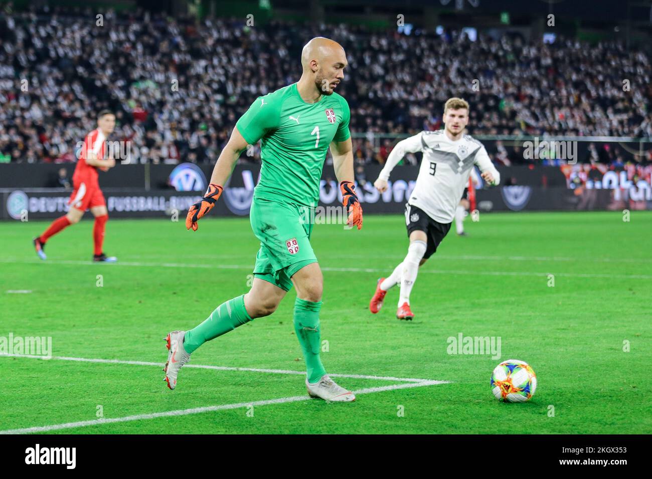 Wolfsburg, Germany, March 20, 2019: Serbia national team goalkeeper Marko Dmitrovic in action during the international friendly game between Germany Stock Photo