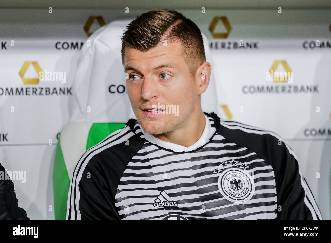 Wolfsburg, Germany, March 20, 2019: portrait of footballer Toni Kroos sitting on the bench during the international soccer game Stock Photo