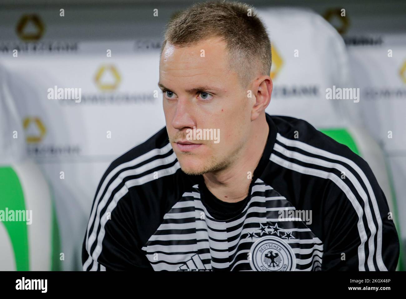 Wolfsburg, Germany, March 20, 2019: portrait of German goalkeeper Marc-Andre ter Stegen sitting on the bench during the international soccer game Stock Photo