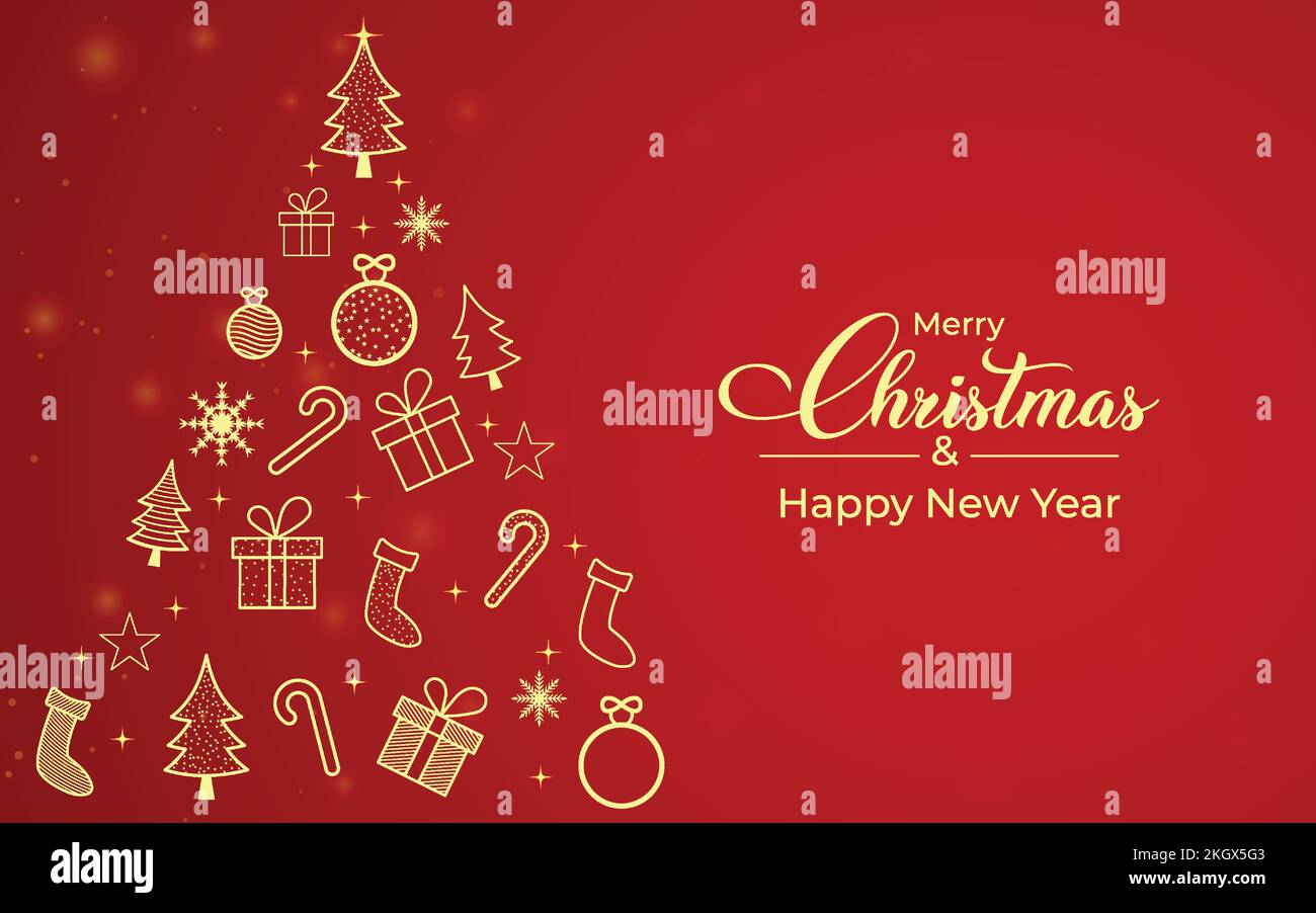 Merry Christmas gift card with golden elements. Christmas tree with