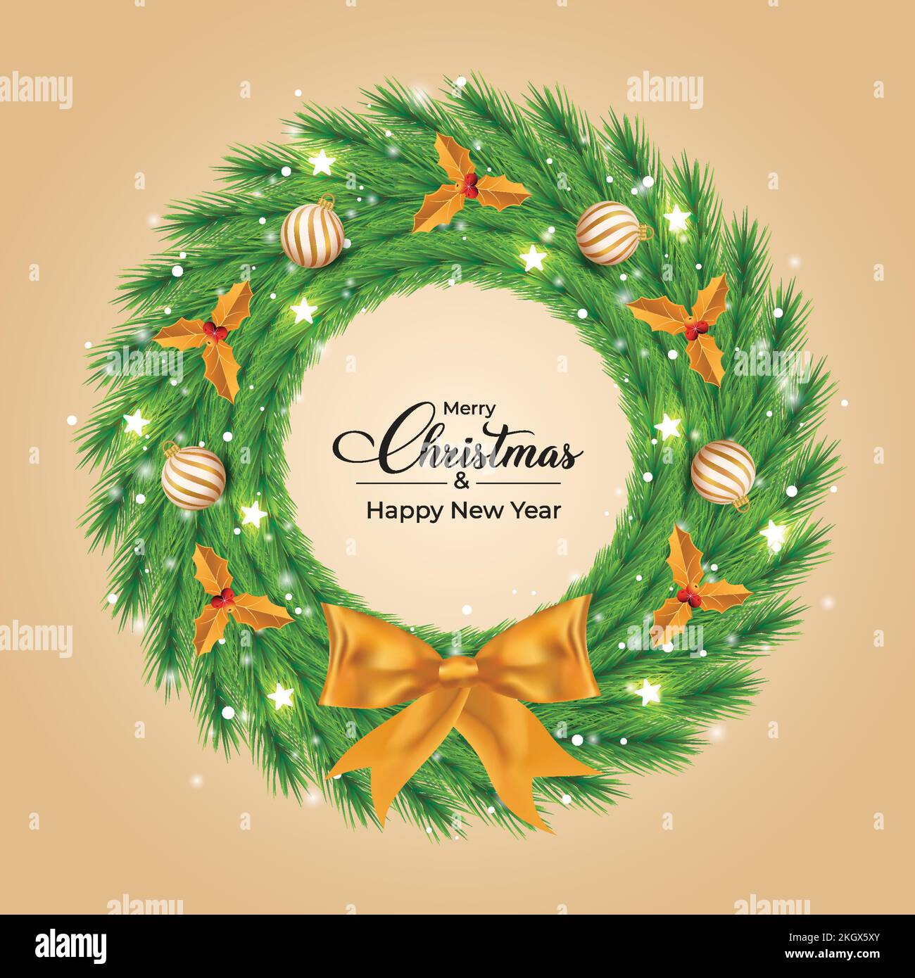 Christmas wreath design with white and golden decorative light balls ...