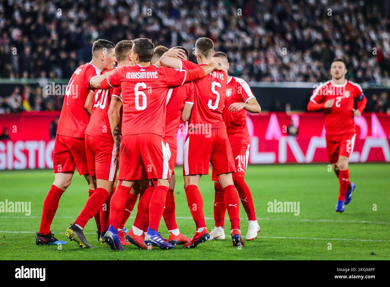 Wolfsburg, Germany, March 20, 2019: Serbian national team celebrating a goal during the international soccer game Germany vs Serbia Stock Photo