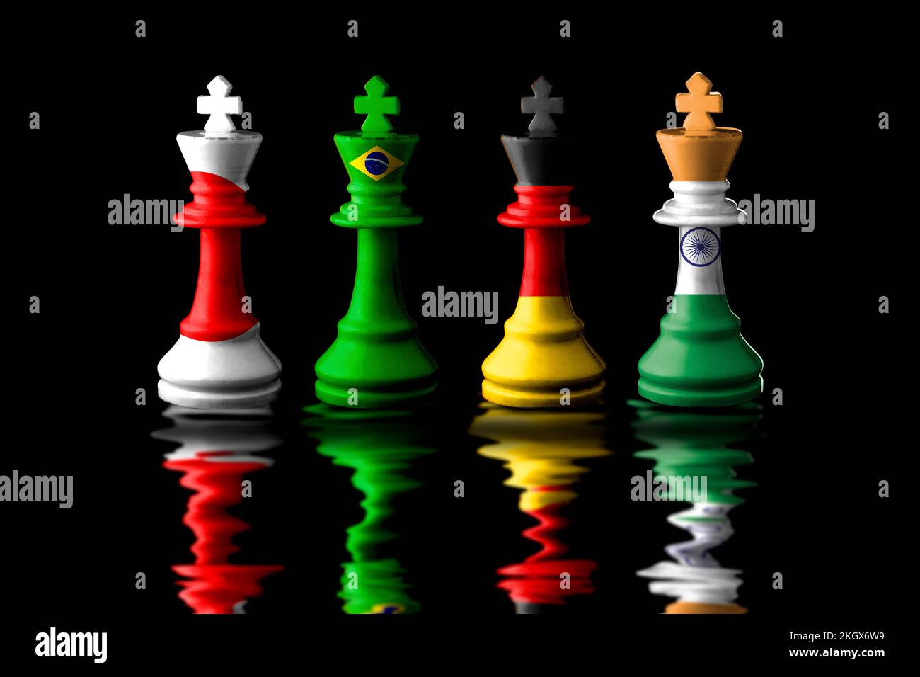 g4 countries flags paint over on chess king. on black background.3D