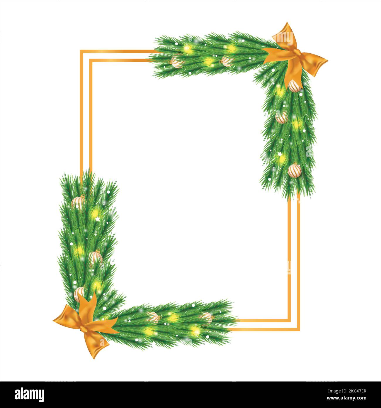 Christmas frame with goldenwhite balls, pine branch, golden ribbon. Xmas frame on white