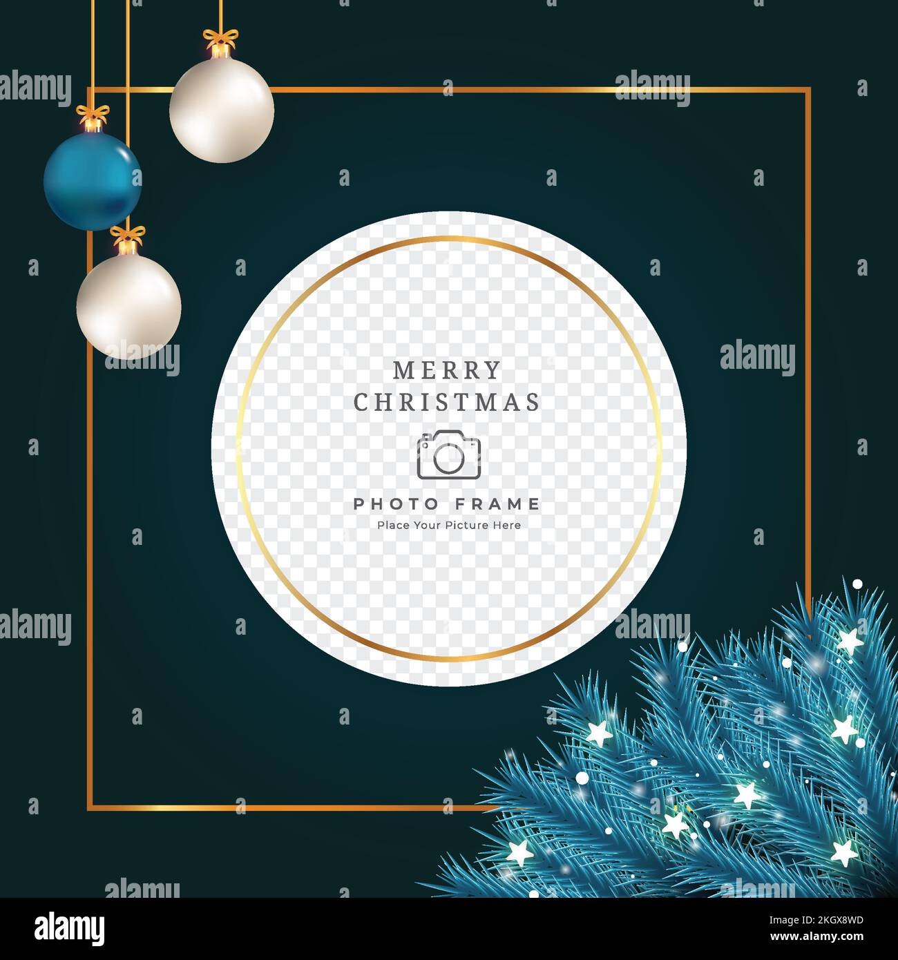 Christmas photo frame with white and blue decoration ball. Xmas photo frame on dark background