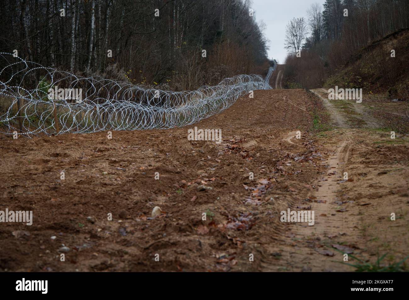 Concertina wire is seen on the Polish border with the Russian exclave