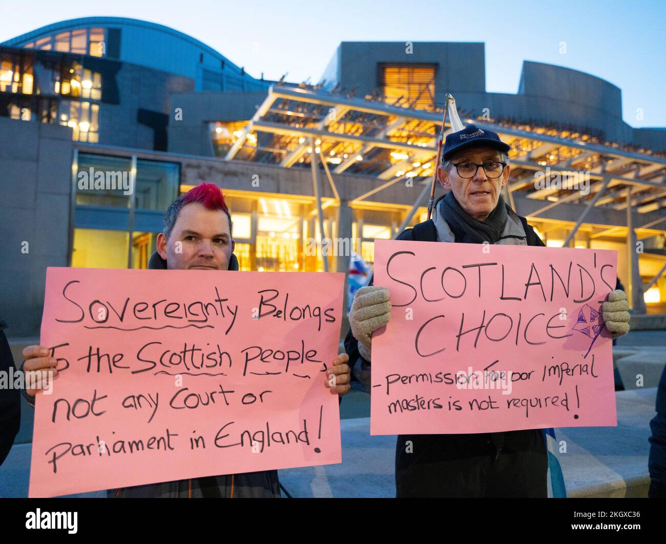 Edinburgh, Scotland, UK. 23rd November 2022. Supporters of Scottish independence gather at the Scottish Parliament building at Holyrood following the Supreme Court ruling that Westminster has sole authority in granting a legal referendum on Scottish independence. Iain Masterton/Alamy Live News Stock Photo