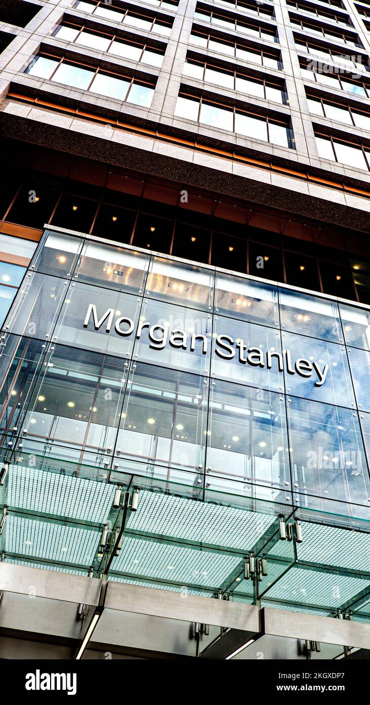 MORGAN STANLEY Entrance facade at dusk to Morgan Stanley European headquarters  25 Cabot Square Canary Wharf London E14 Stock Photo