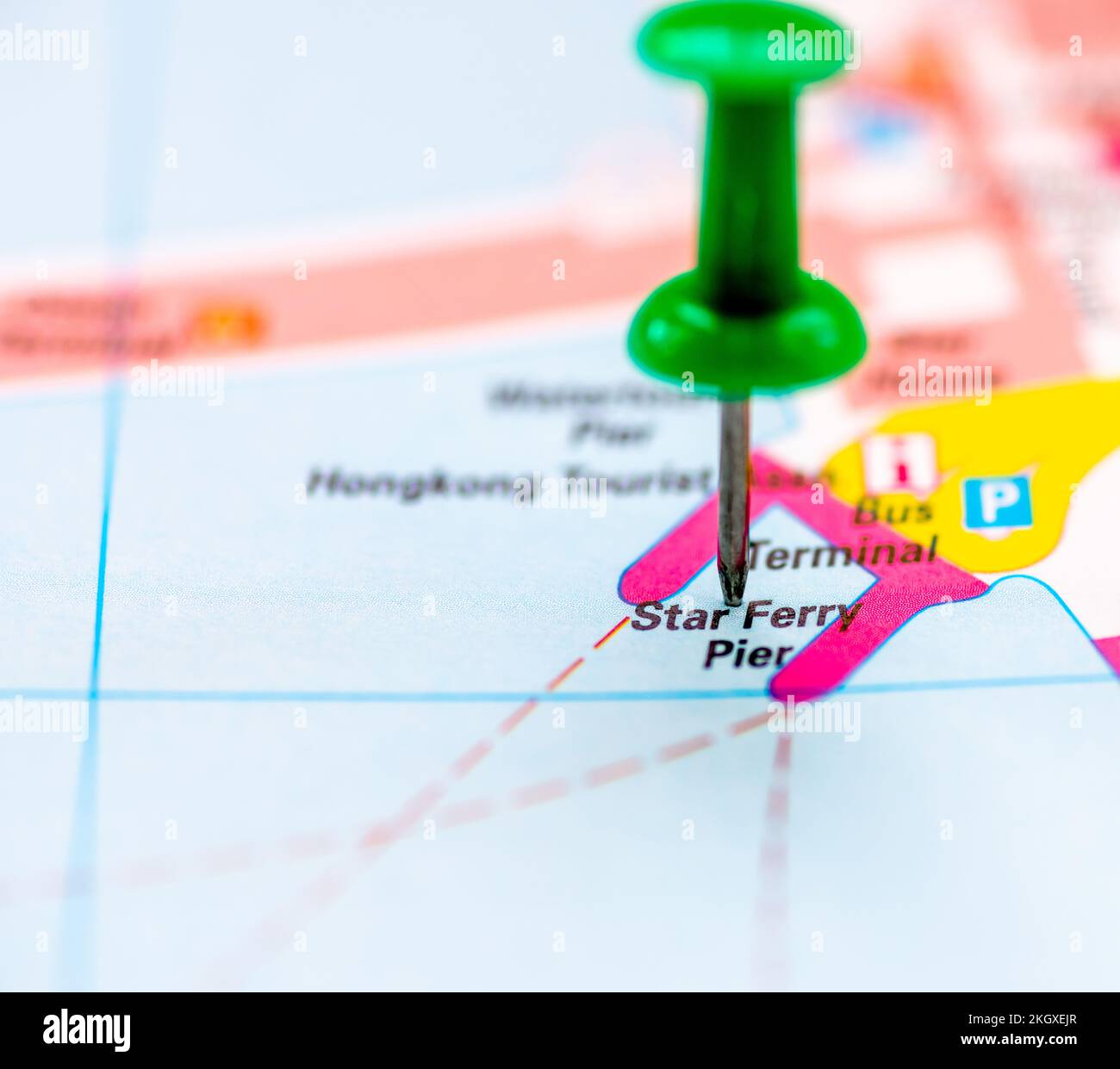 The map location for The Star Ferry pier, Hong kong, China, marked by a green pushpin. Stock Photo