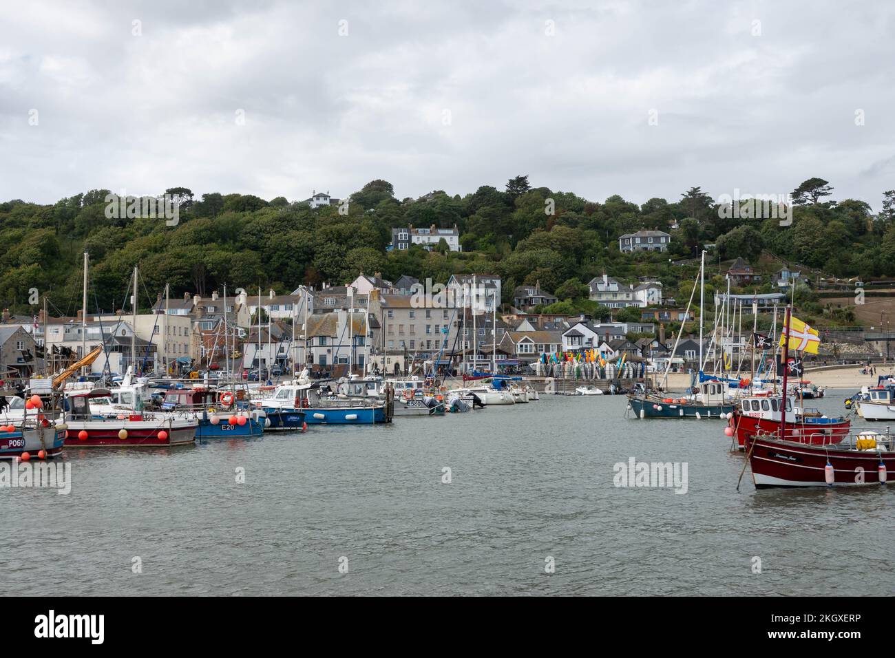 view of fishing boats in the harbour at Lyme Regis Dorset England with the town in the background Stock Photo