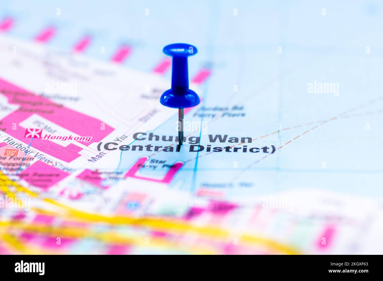 The map location of Central District on Hong kong island, China, marked by a blue pushpin. Stock Photo