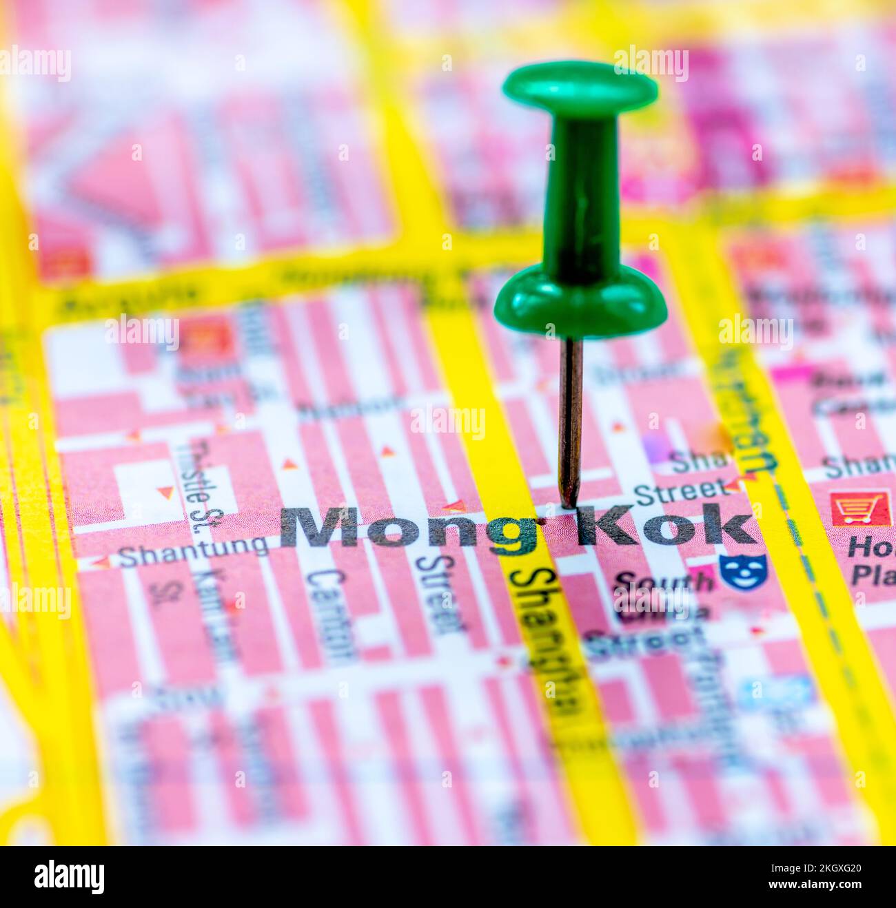 The map location for Mong Kok, Kowloon, Hong Kong, China, marked with a green pushpin. Stock Photo