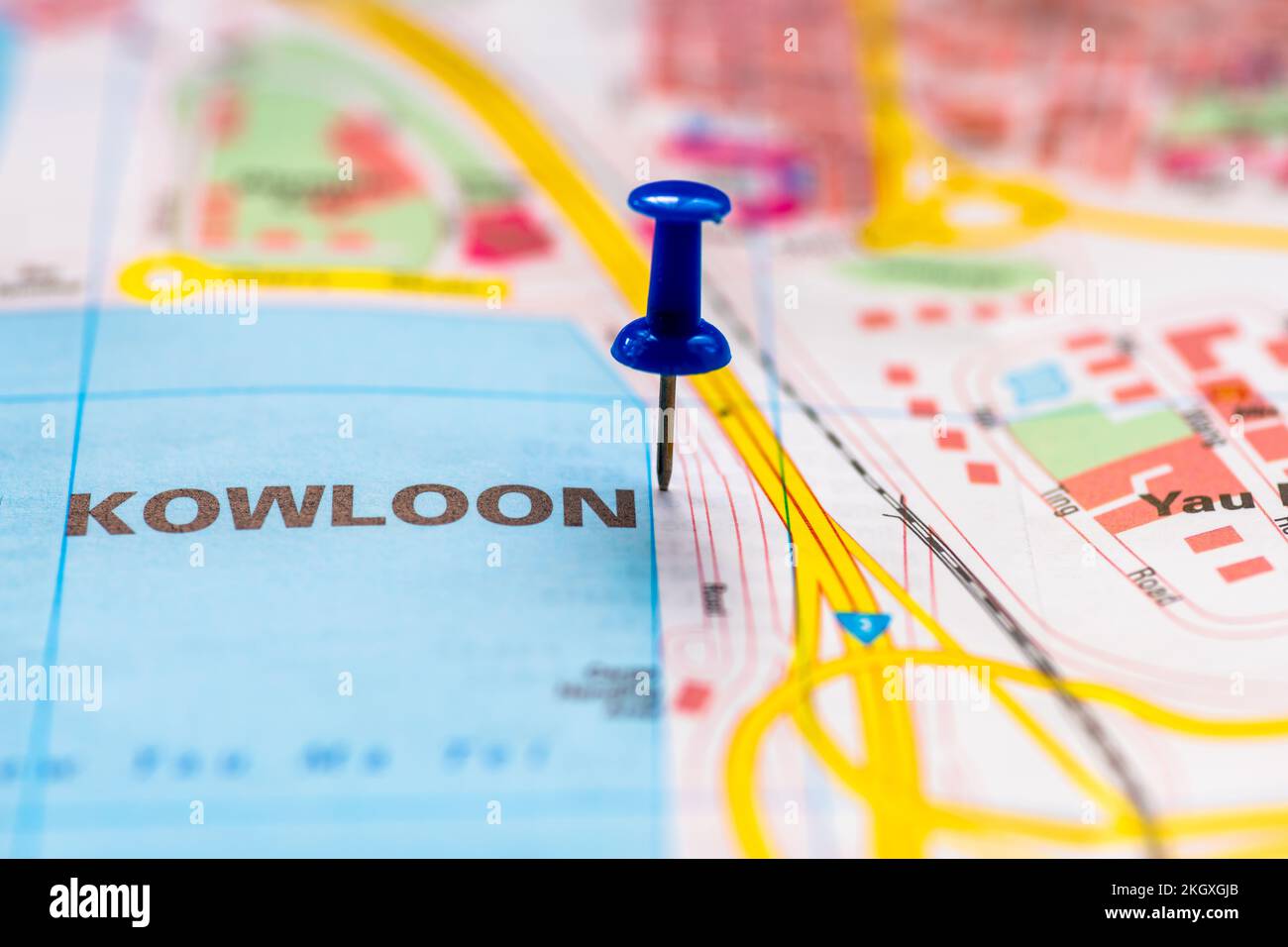 The map location for Kowloon, Hong Kong, China, marked by a blue pushpin. Stock Photo