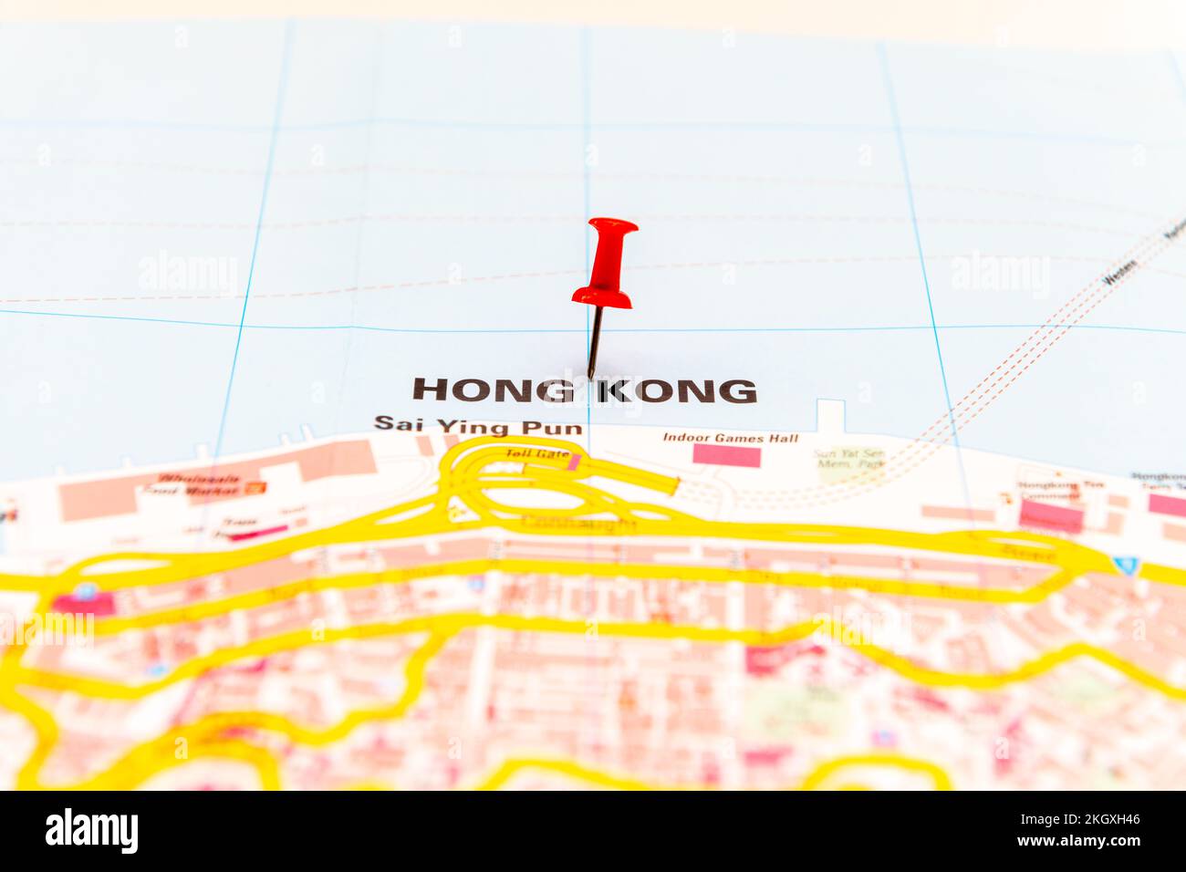 The map location of Hong kong island, China, marked by a red pushpin. Stock Photo