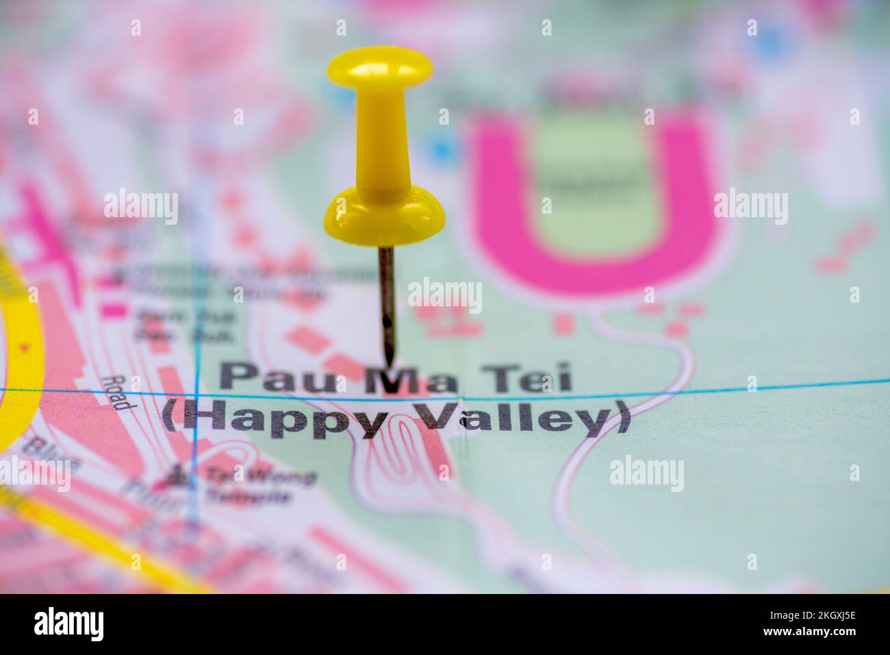 The map location of Happy Valley on Hong Kong island, China, marked by a yellow pushpin. Stock Photo