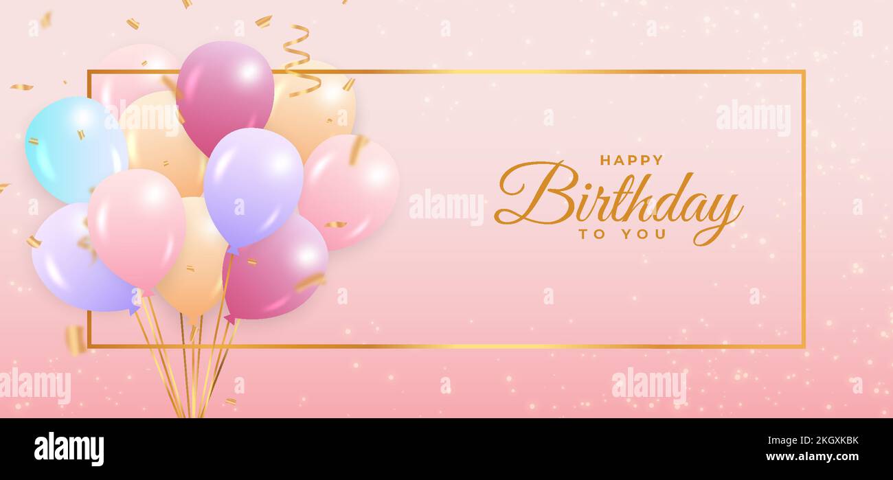 Birthday colorful balloon for background. Happy birthday social media banner with balloons and gold confetti. Happy birthday wish with calligraphy. Co Stock Vector