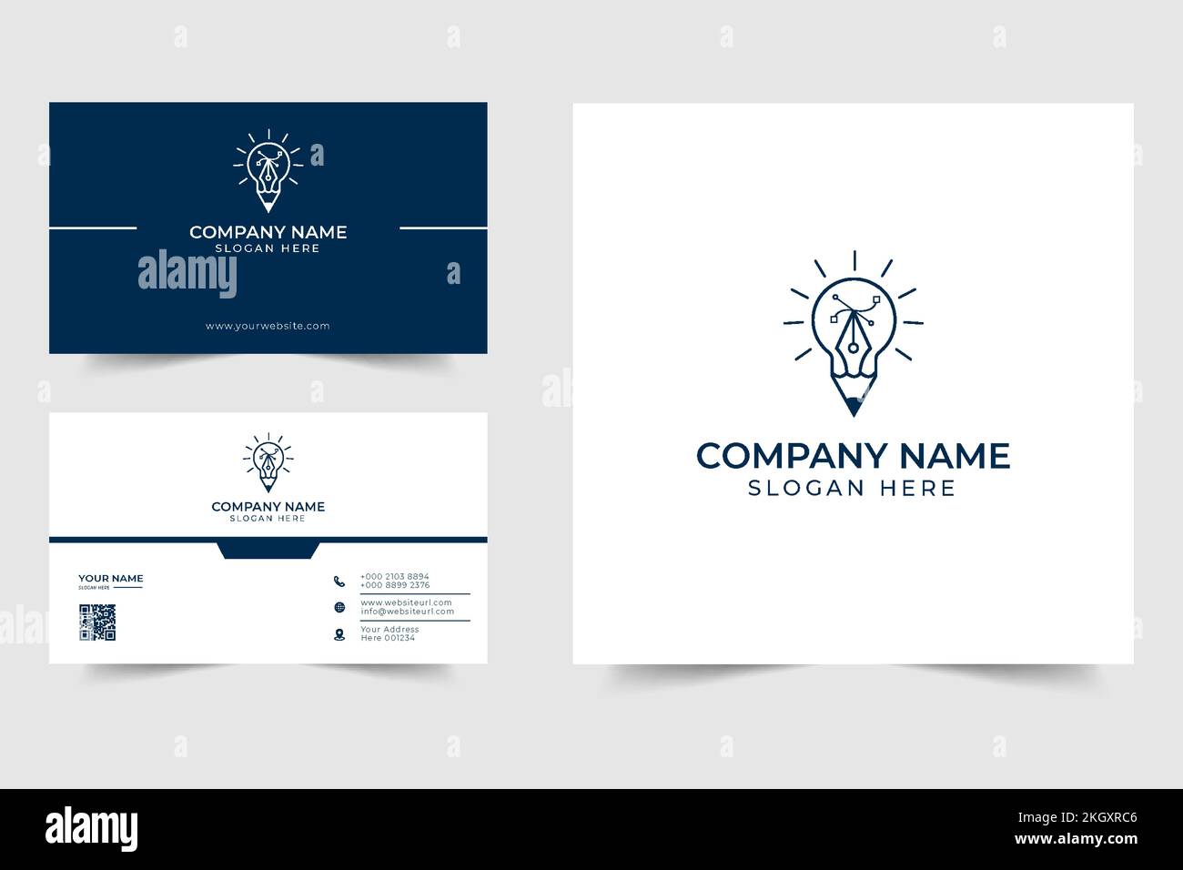 Designers logo idea. Creative idea logo icon. Creator logo template. Pen tool and light bulb logo. Creative designer logo with bright light, pencil. P Stock Vector