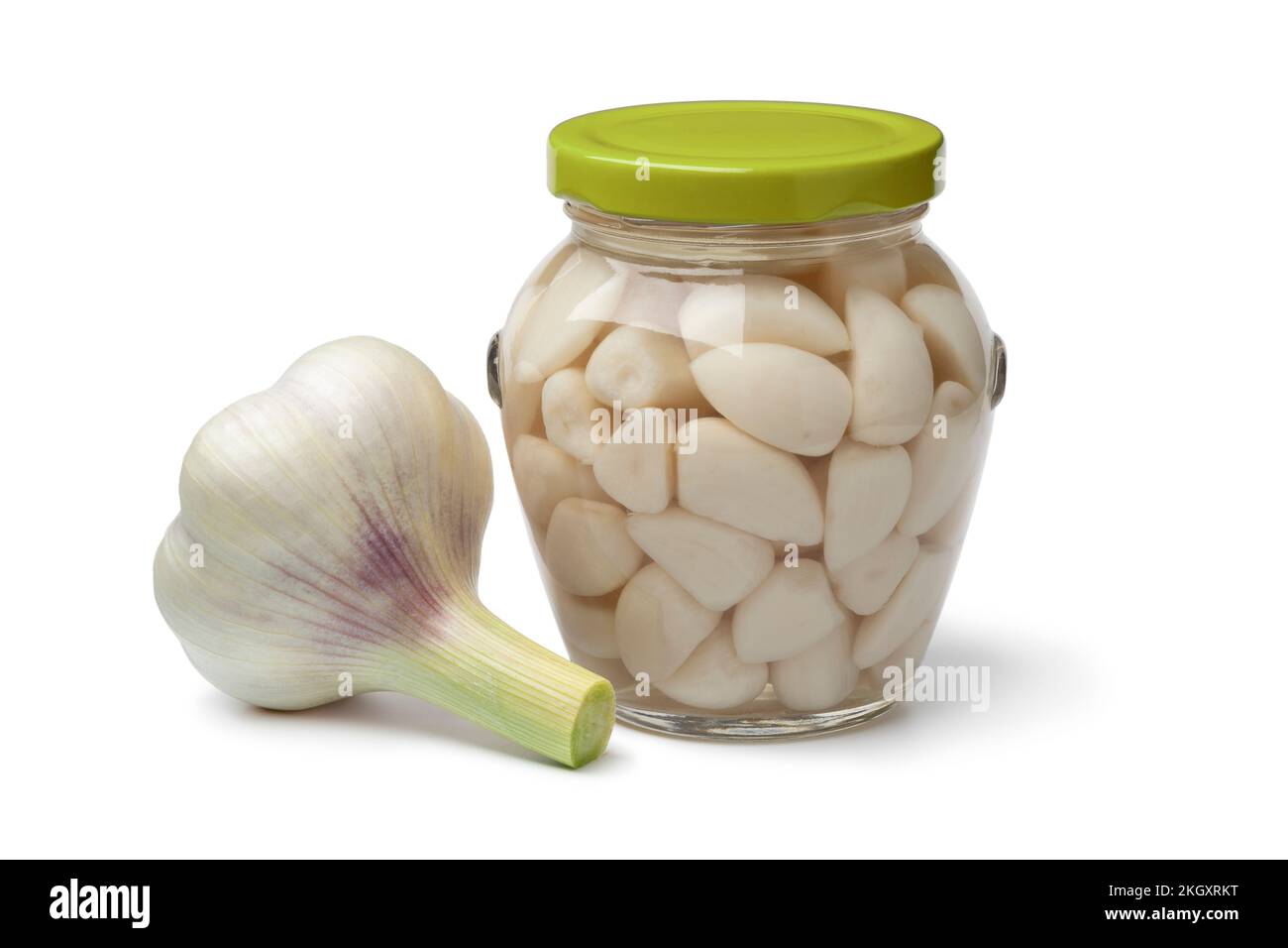 Pickled garlic in a glass jar and a fresh garlic bulb close up isolated