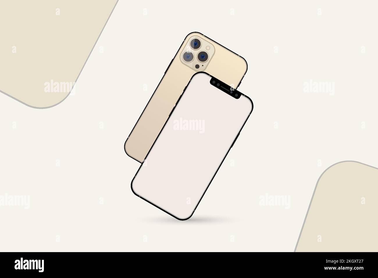iPhone mobile set vector with an off-white frame and a triple camera. Mobile phone backside and front side view with blank screens. Realistic cell pho Stock Vector