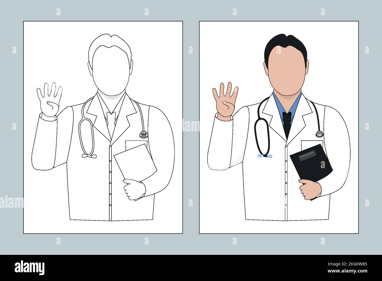 Male doctor line art illustration. Male nurse line art. Medical doctor coloring page vector. Coloring page SVG cut file. Male doctor flat design. Stet Stock Vector