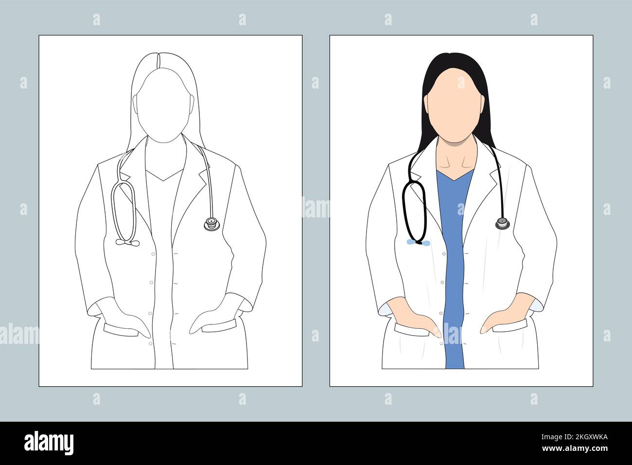 Woman doctor line art illustration. Female doctor flat design. Doctor coloring page line art. Medical doctor coloring page vector. Female nurse with s Stock Vector