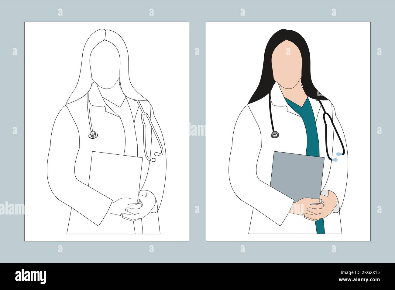 Female doctor coloring page. Doctor coloring page line art. Female nurse line art. Medical doctor line art vector. Stethoscope vector. Coloring page S Stock Vector