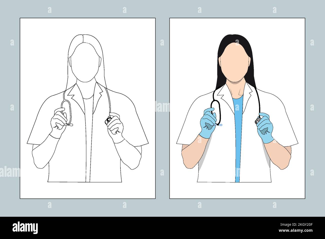 Woman doctor flat design. Female doctor coloring page. Female nurse line art. Doctor coloring page line art. Medical doctor line art vector. Coloring Stock Vector