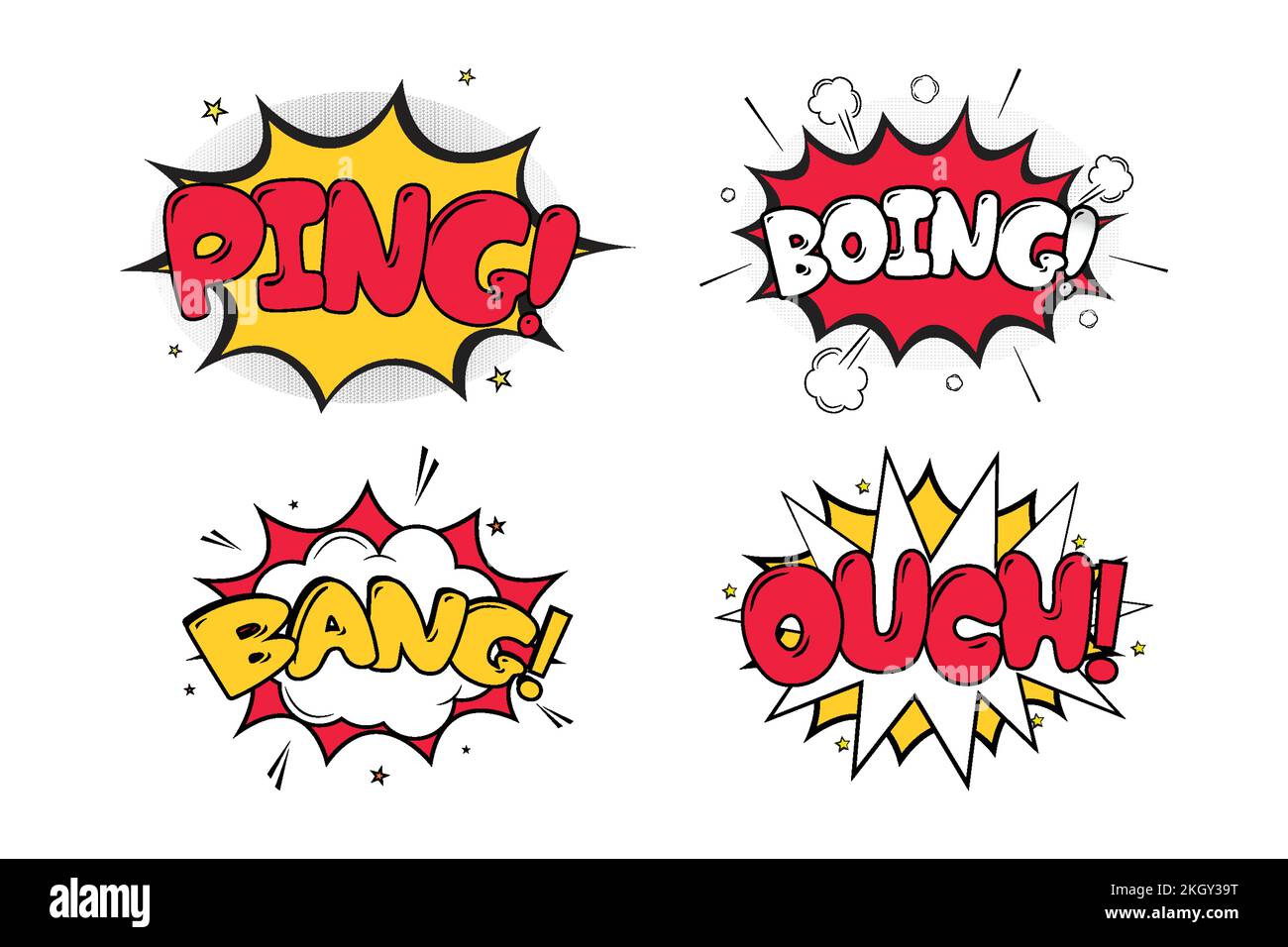 Ping Boing comic blast with white, red, and yellow colors. Ouch Bang ...