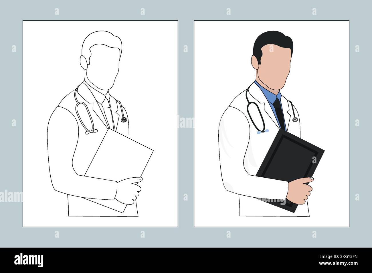 Male doctor line art illustration. Medical doctor coloring page vector. Male doctor flat design. Male nurse line art. Doctor coloring page line art. S Stock Vector