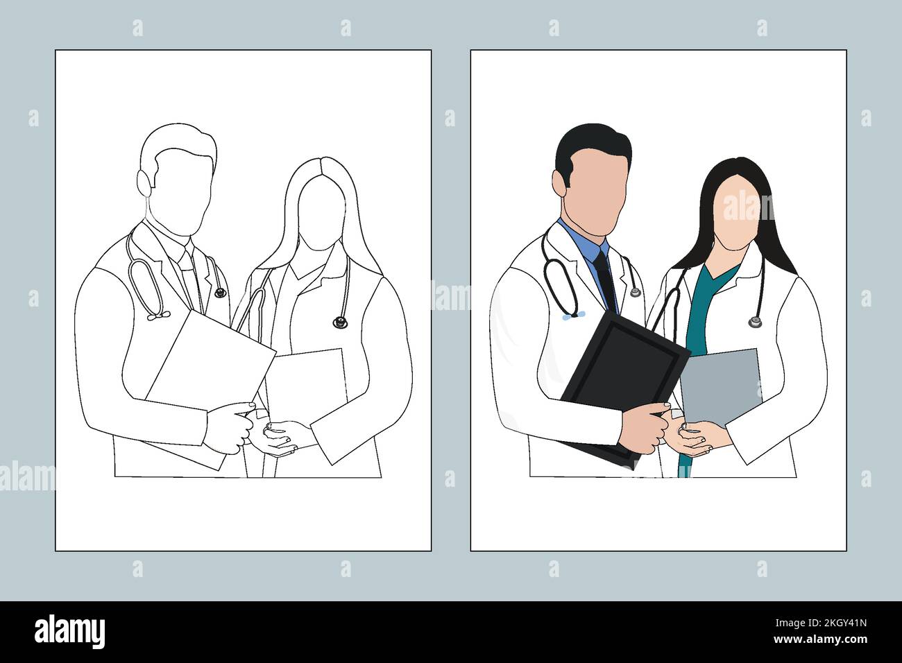 Male and female doctor flat design. Doctor coloring page. Male and female nurse line art. Doctor coloring page line art. Medical doctor line art vecto Stock Vector