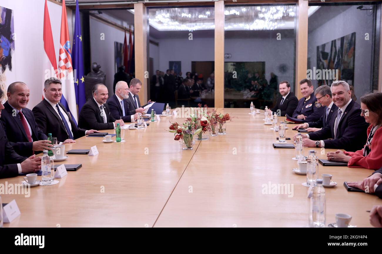 Zagreb, Croatia. 23 November, 2022. The President of the Republic of Croatia Zoran Milanovic and Federal Chancellor of the Republic of Austria Karl Nehammer held a meeting in Zagreb, Croatia on November 23, 2022. Photo: Marko Prpic/PIXSELL Credit: Pixsell photo & video agency/Alamy Live News Stock Photo