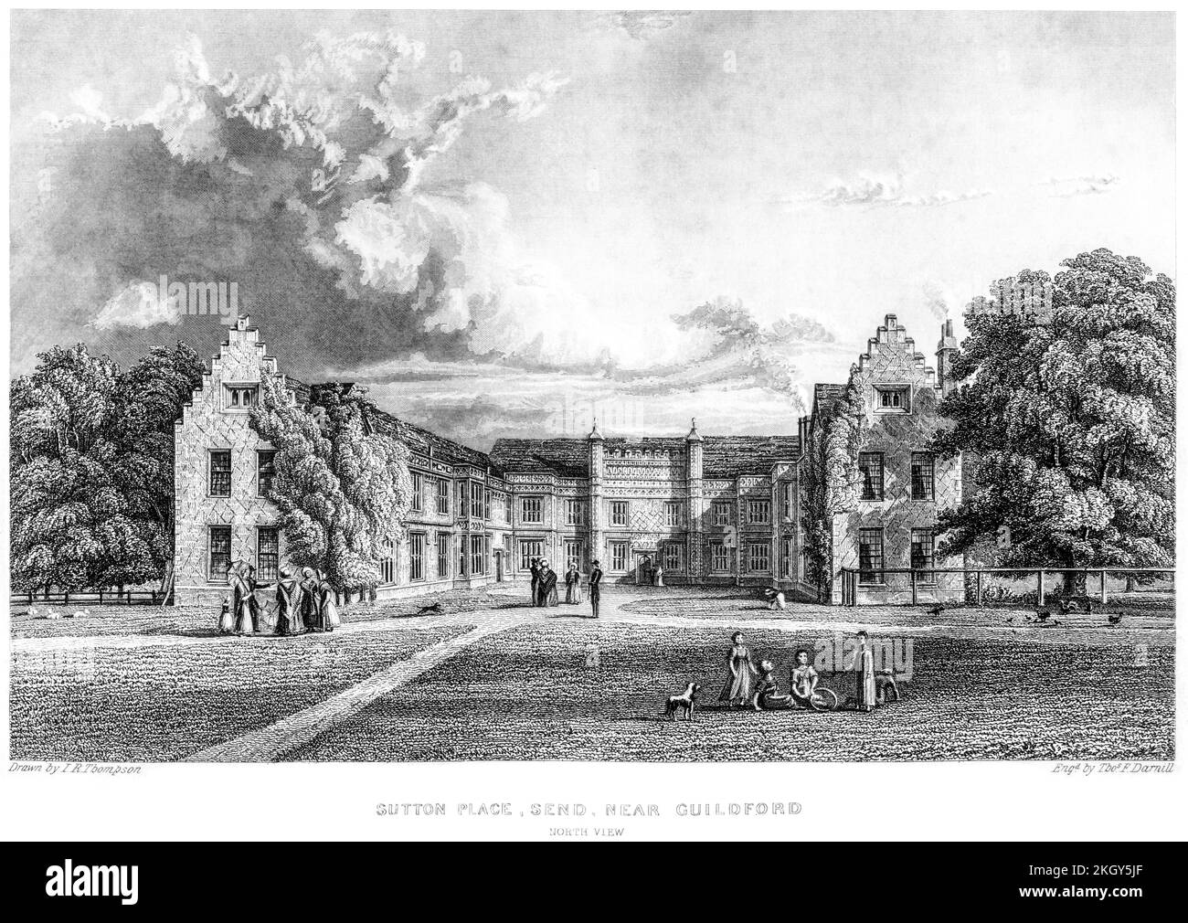 An engraving of Sutton Place, Send, near Guildford, Surrey UK scanned at high resolution from a book printed in 1850. Believed copyright free. Stock Photo
