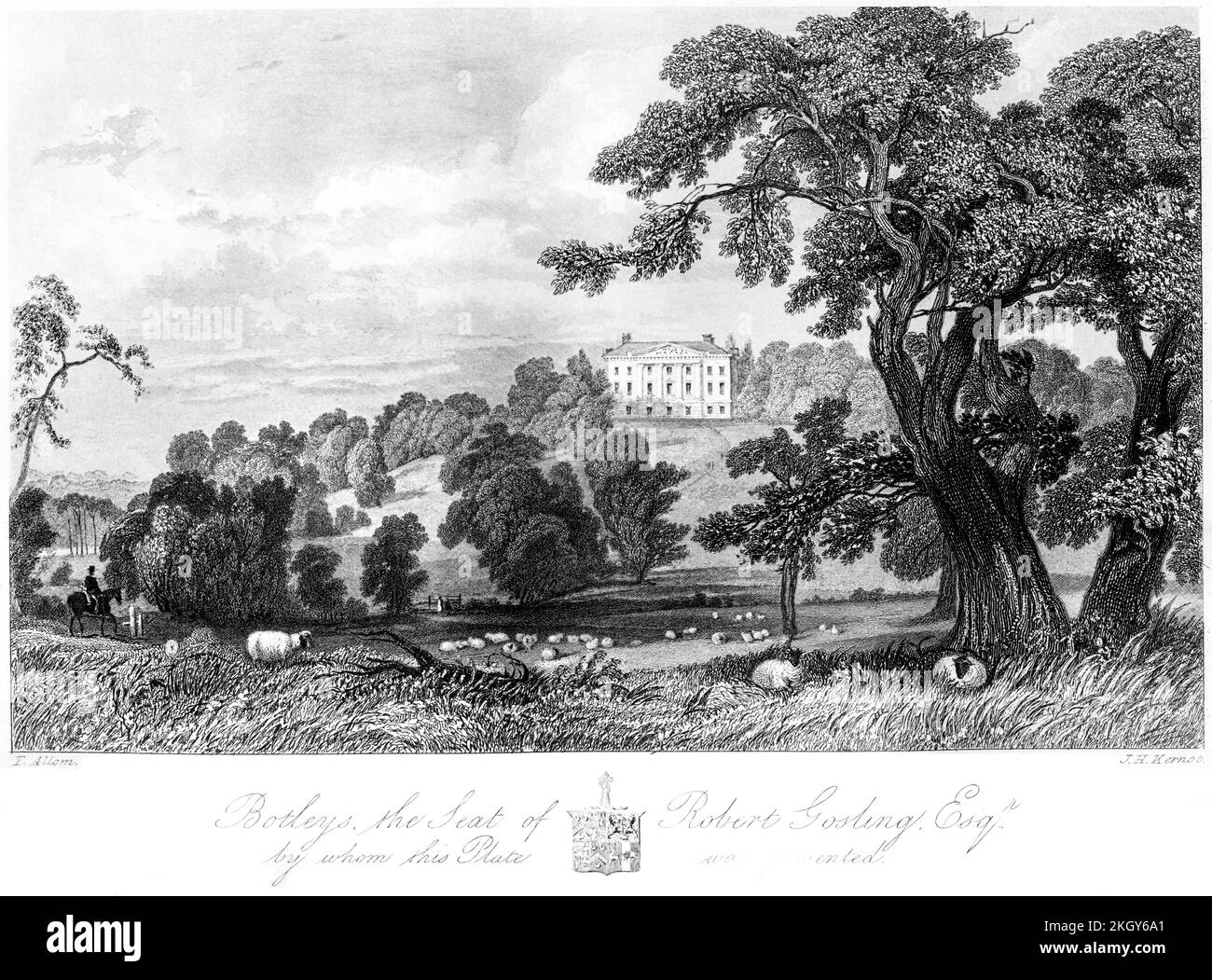 An engraving of Botleys, the Seat of Robert Gosling Esq., Surrey UK scanned at high resolution from a book printed in 1850. Believed copyright free. Stock Photo