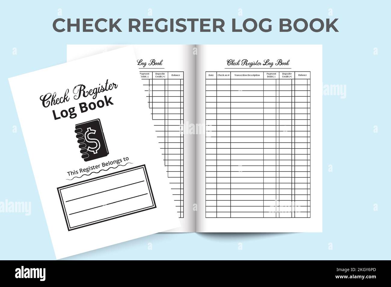 Check Register log book KDP interior. Bank balance tracker and